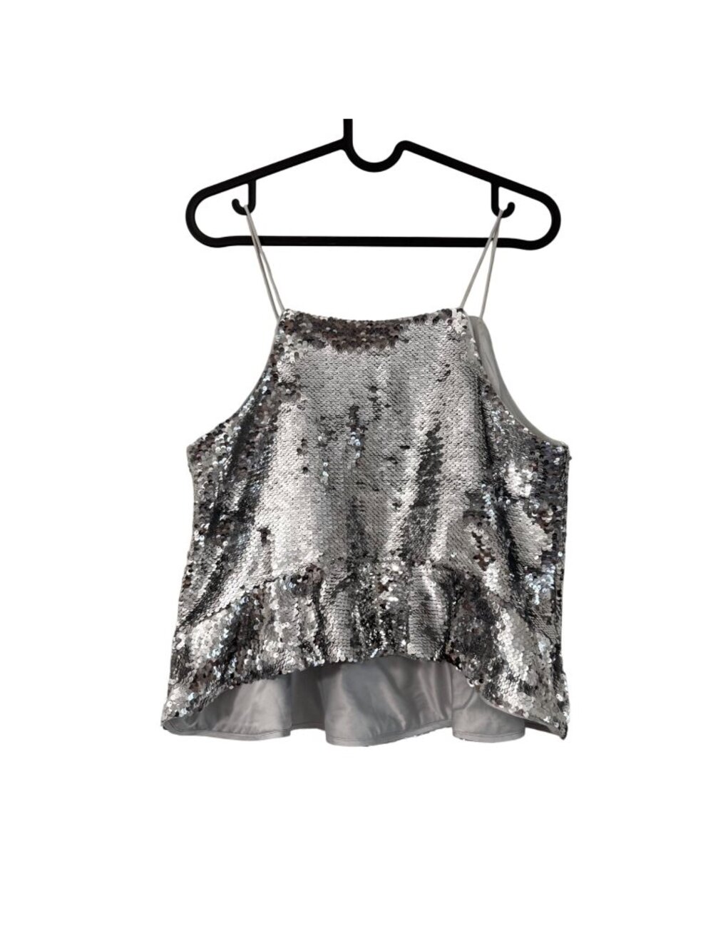 Ganni Silver Sequin Embroidered Peplum Tank Top Satin Lined Womens Size Small